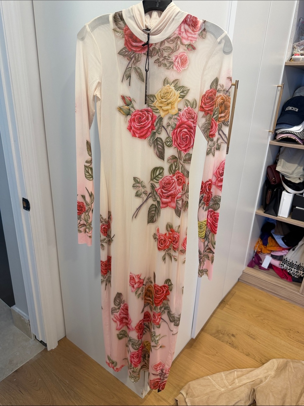 AFRM falling roses Floral Long Sleeve Maxi Dress in Cream with Rose Print